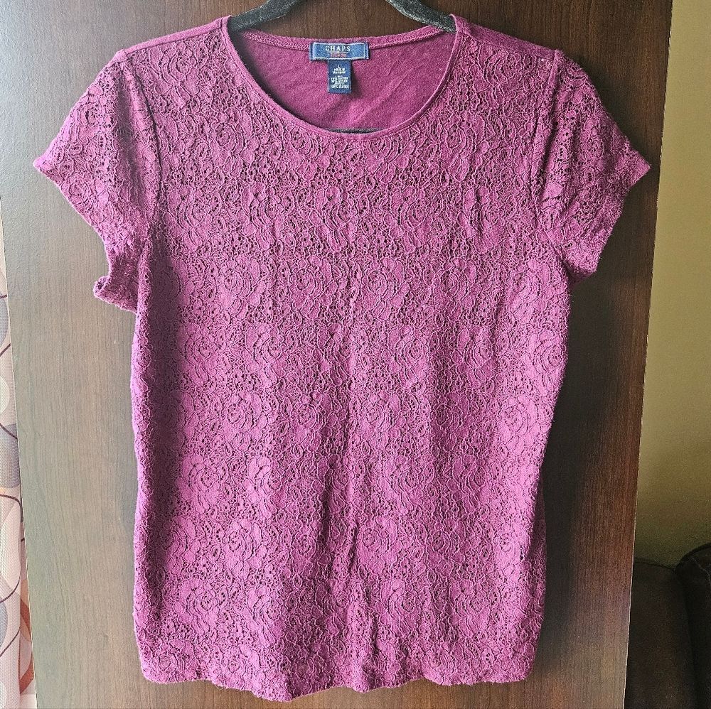 Chaps Deep Maroon Short Sleeve Lace Top Size Large